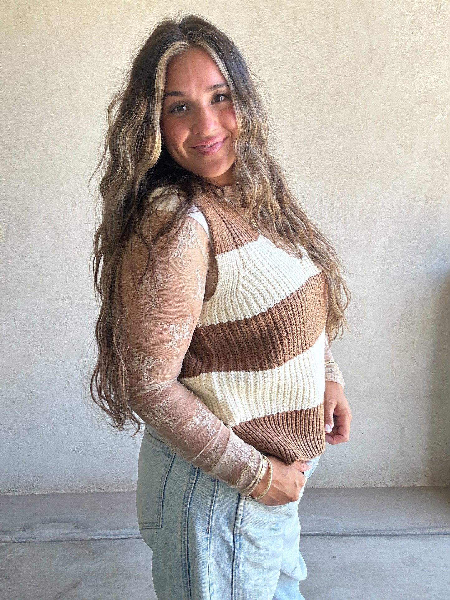 Jentry Stripe Sweater Vest in Mocha & Cream