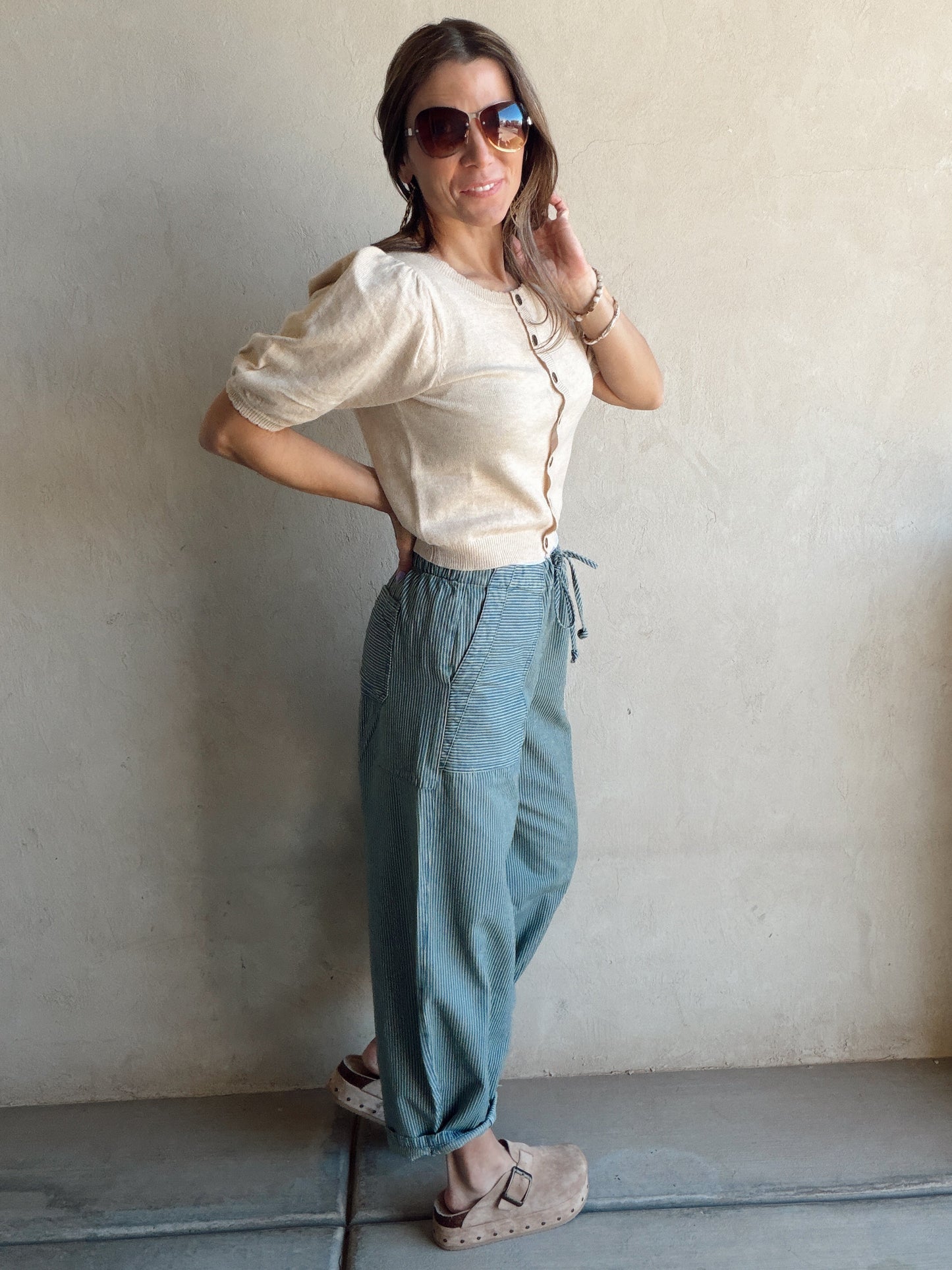 Nellie Drawstring Barrels in Blue Stripe