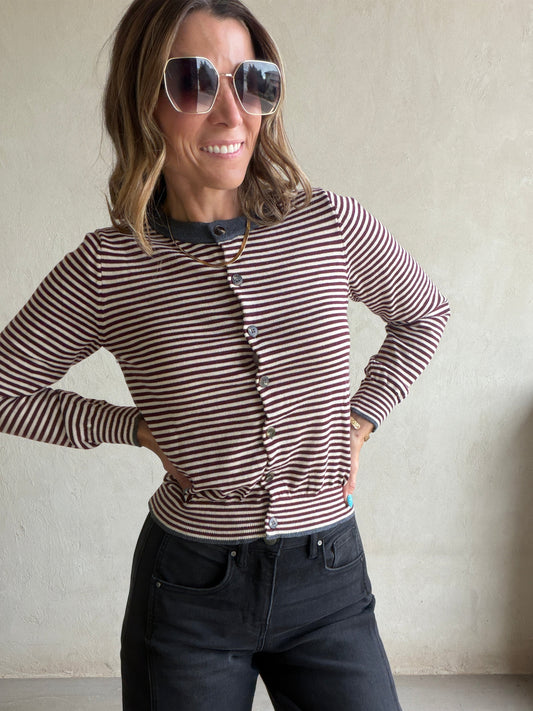 Adrianne Cardigan in Burgundy Stripe