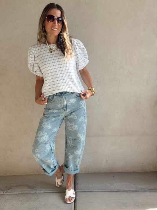 Annie Textured Puff Sleeve Top in Blue & White