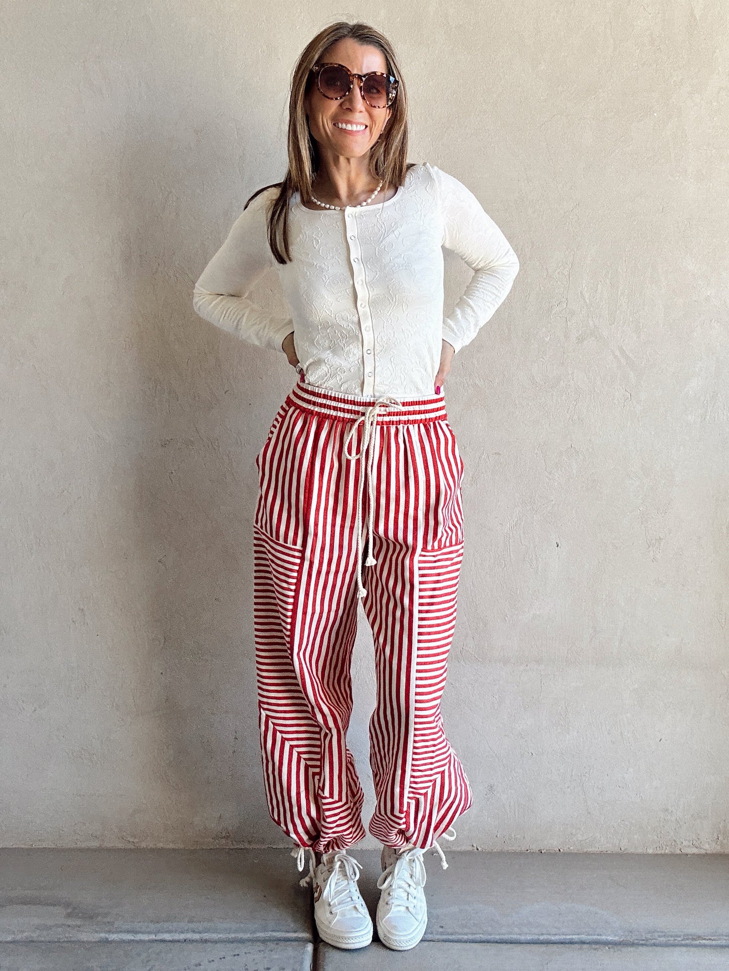 Ella Parachute Striped Pants in Red & Ivory