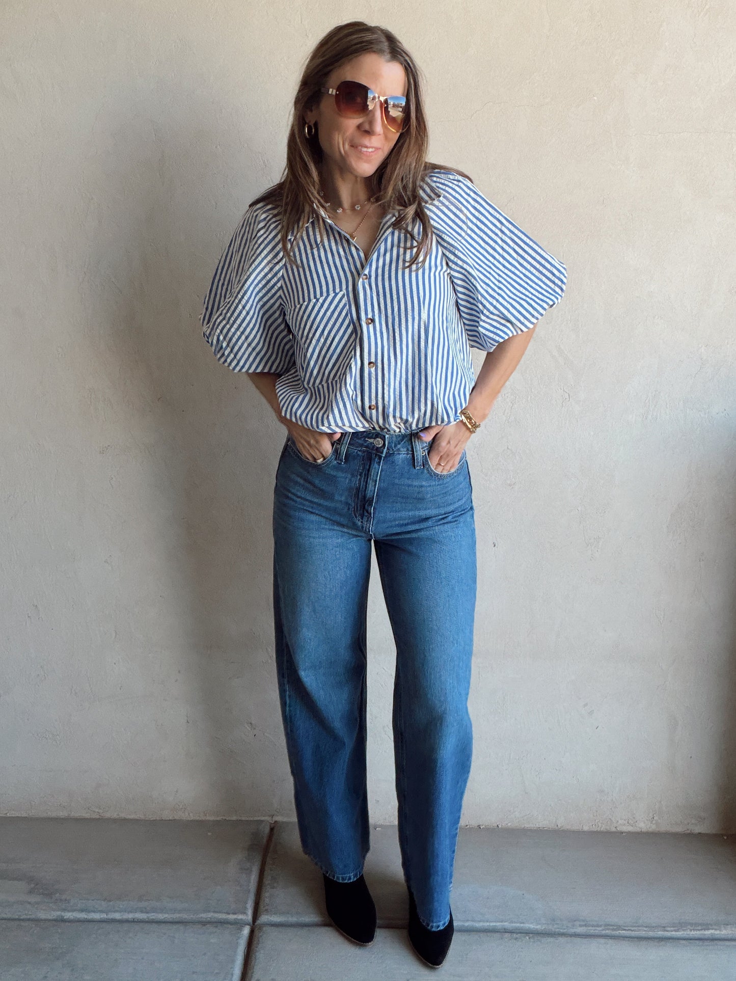 Jess Button Up Top in Blue Stripe