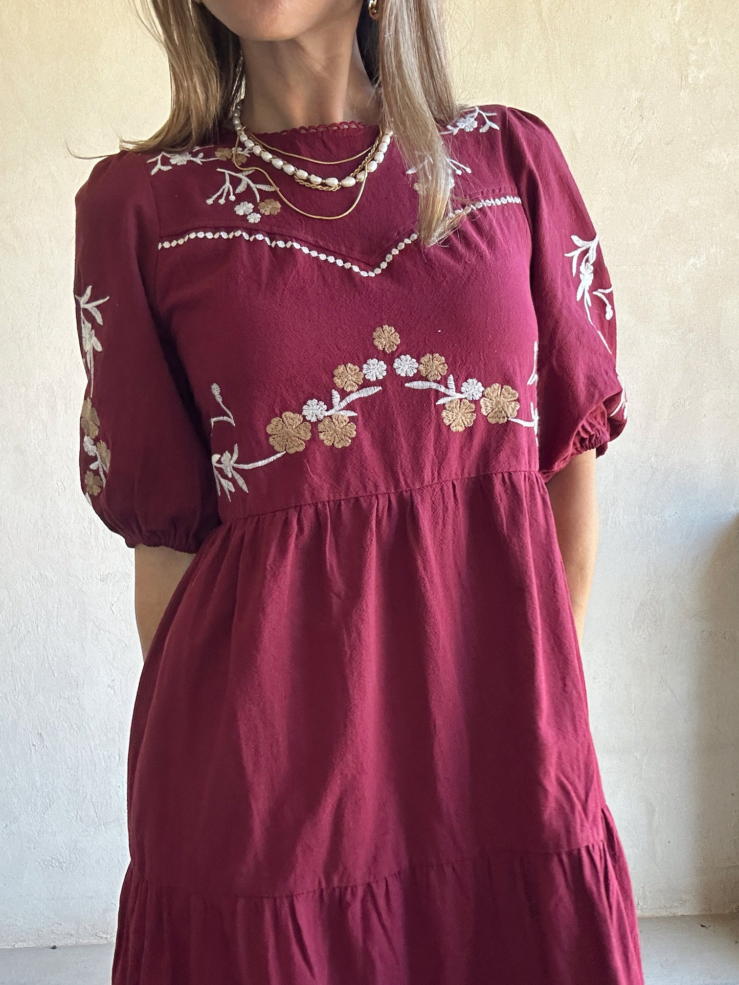 Brittany Embroidered Dress in Burgundy