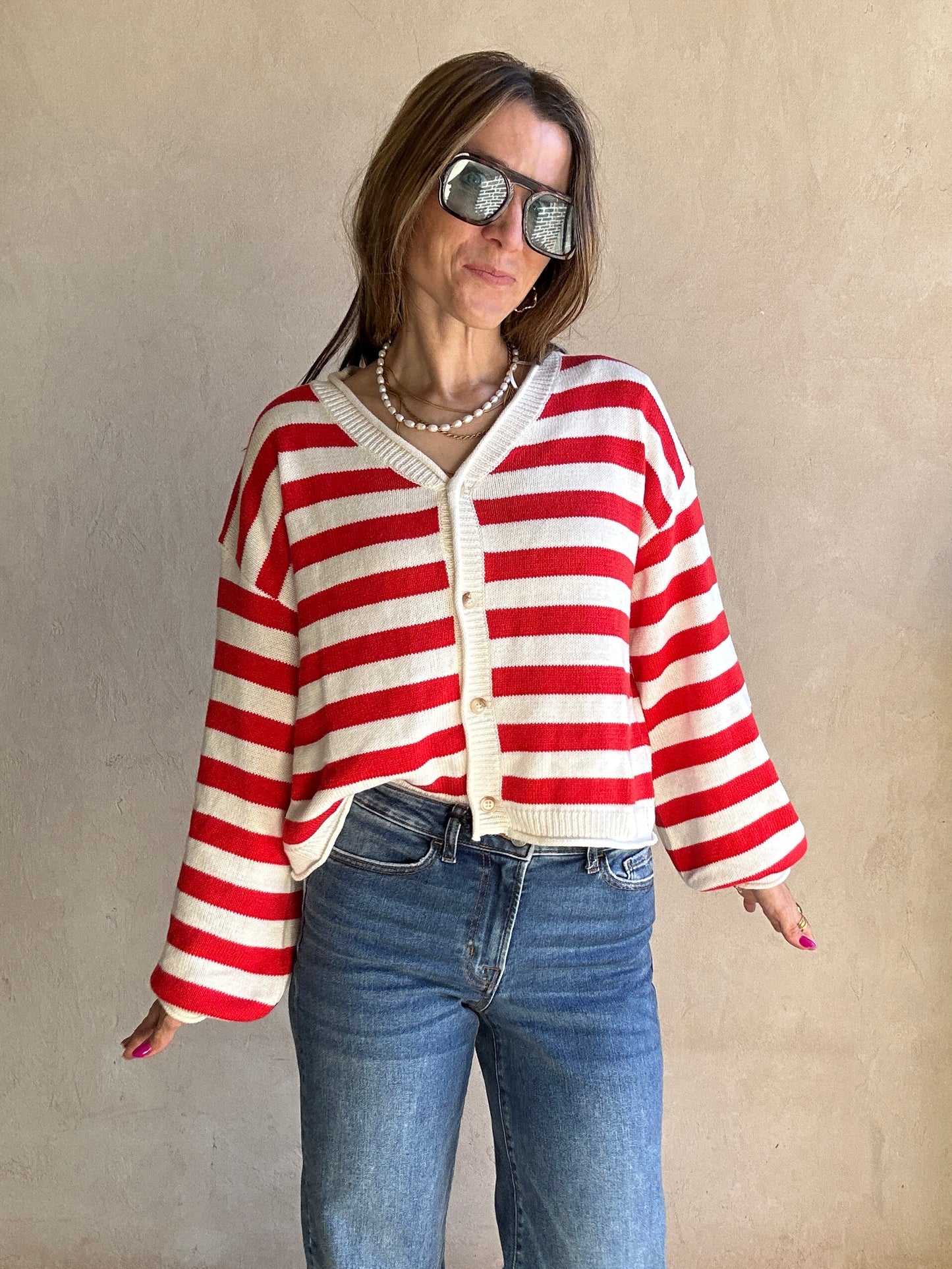 Brendee Striped Cardigan in Red & Ivory