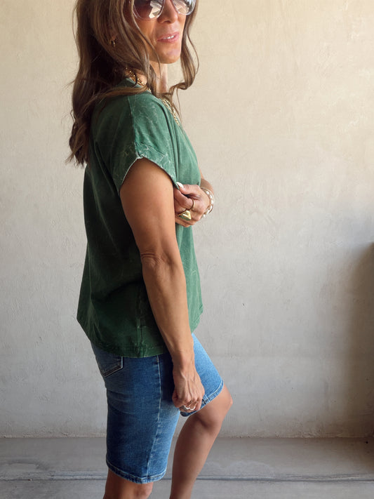 Amber Mineral Washed Top in Evergreen