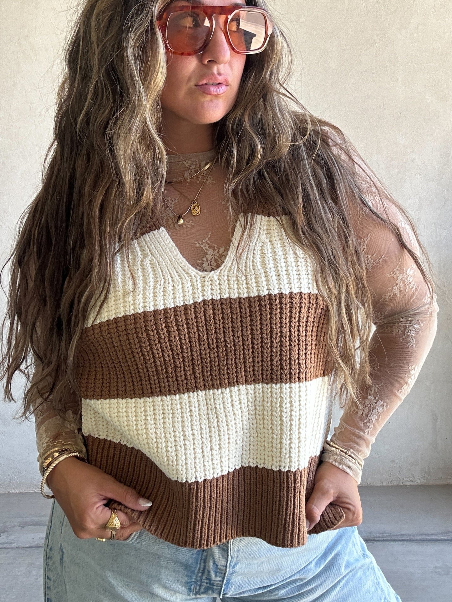 Jentry Stripe Sweater Vest in Mocha & Cream