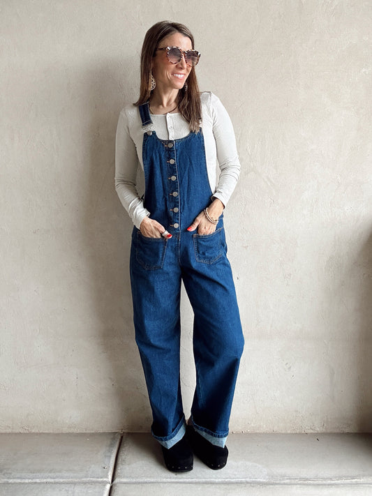 Kitney Button Down Overalls in Dark Wash