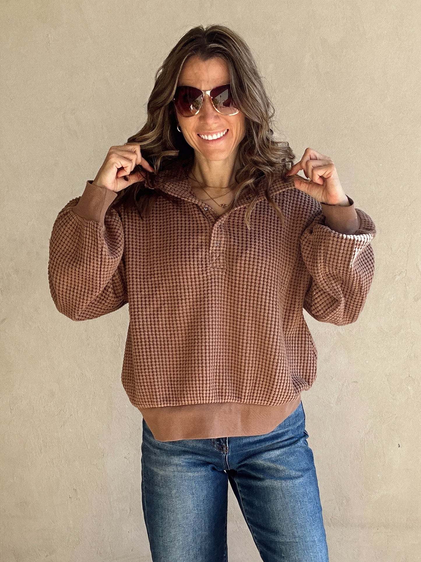 Suzy Button Down Waffle Sweatshirt in Chocolate