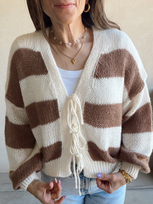 Brendee Striped Cardigan in Mocha & Cream
