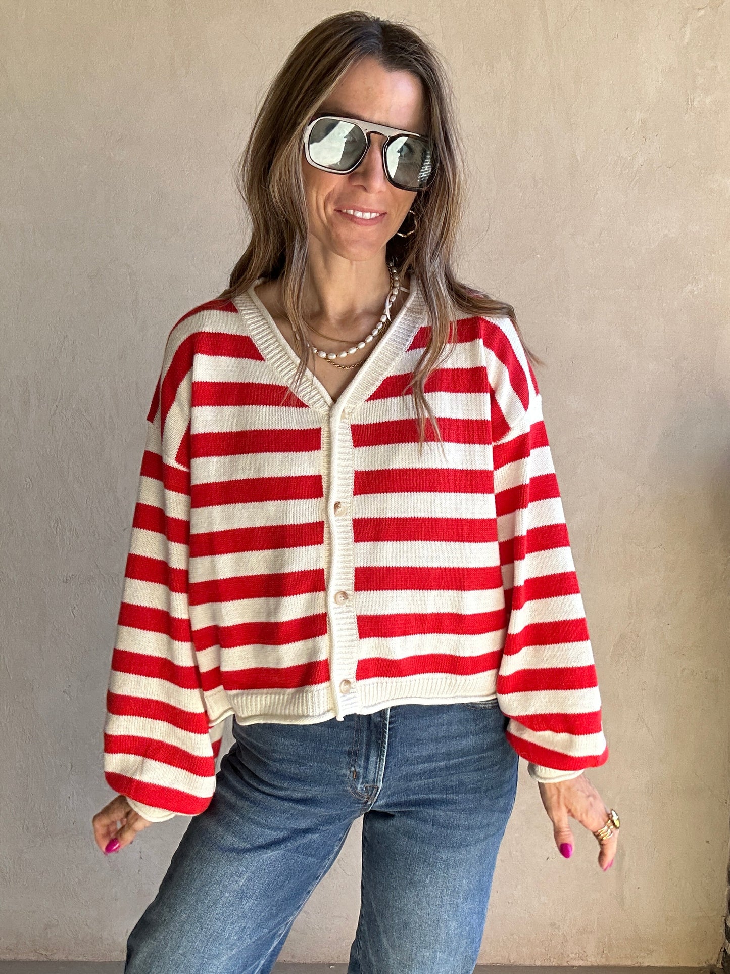Brendee Striped Cardigan in Red & Ivory