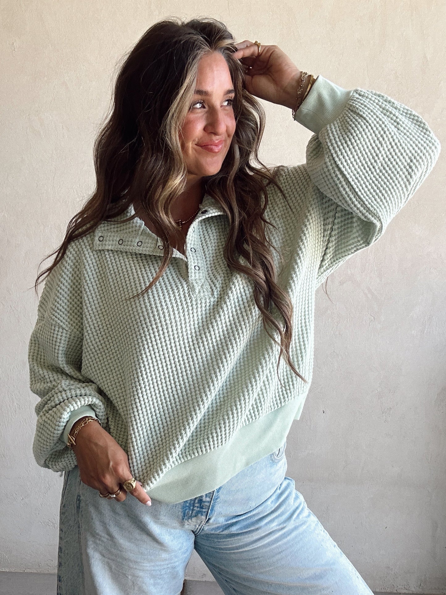 Suzy Button Down Waffle Sweatshirt in Mint