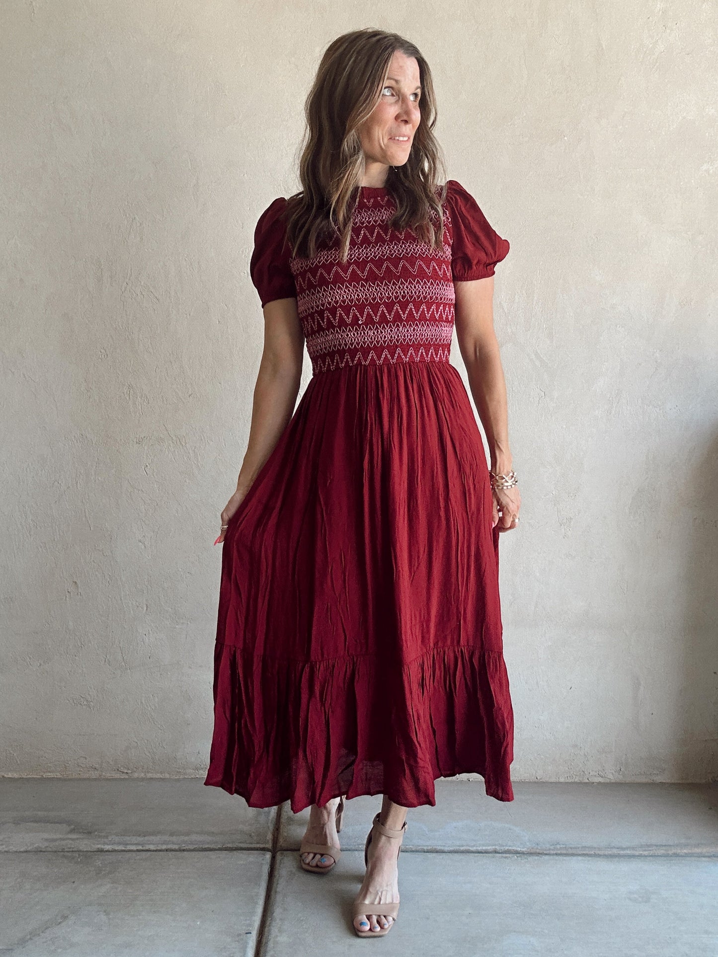 Bridget Embroidered Dress in Burgundy