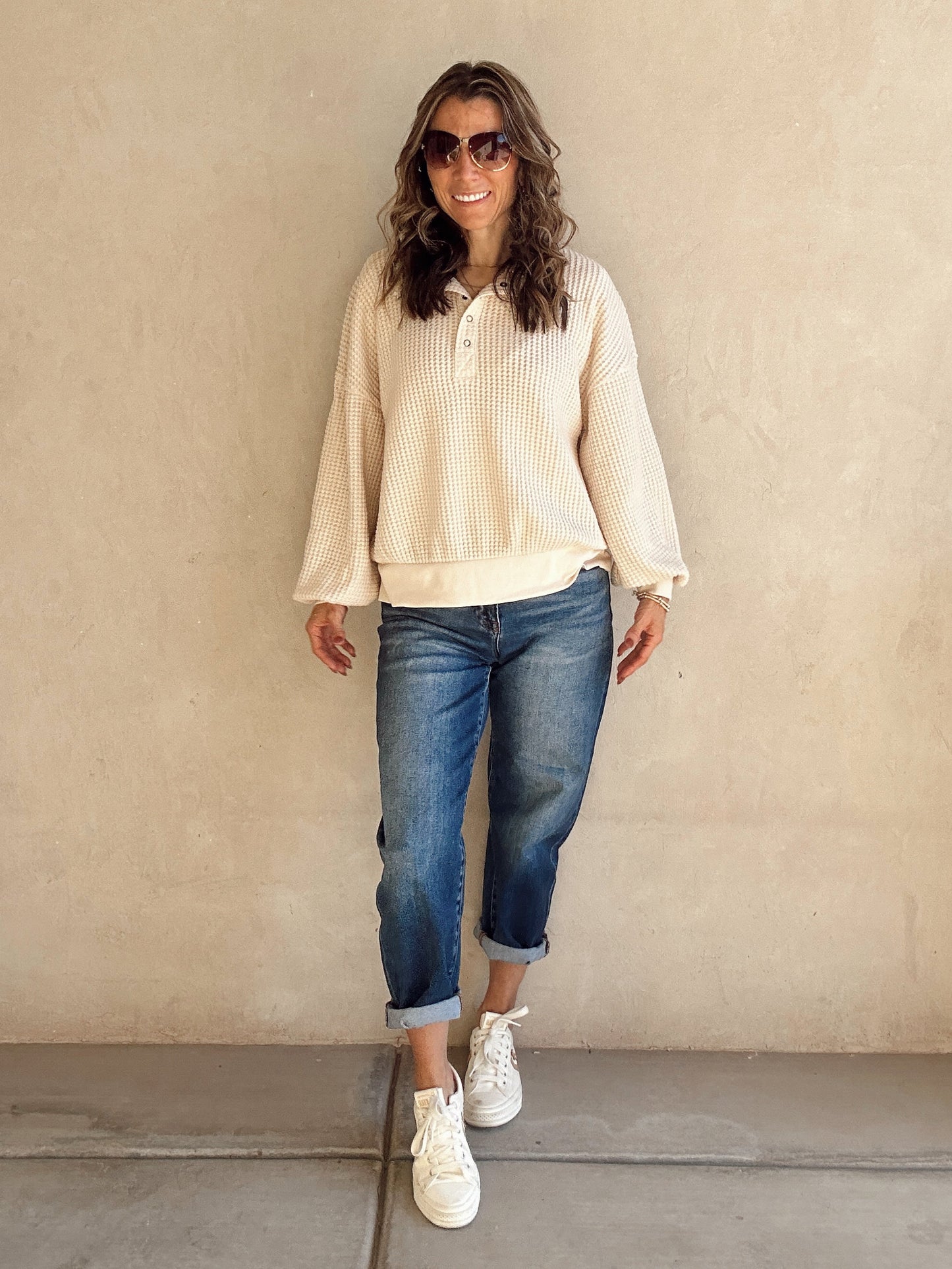 Suzy Button Down Waffle Sweatshirt in Cream