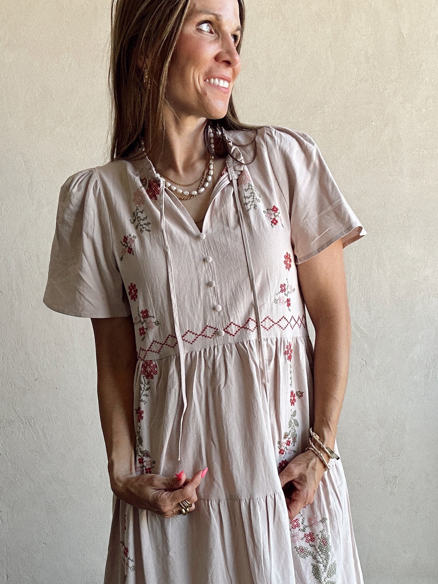 Ella Embroided Dress in Oatmeal