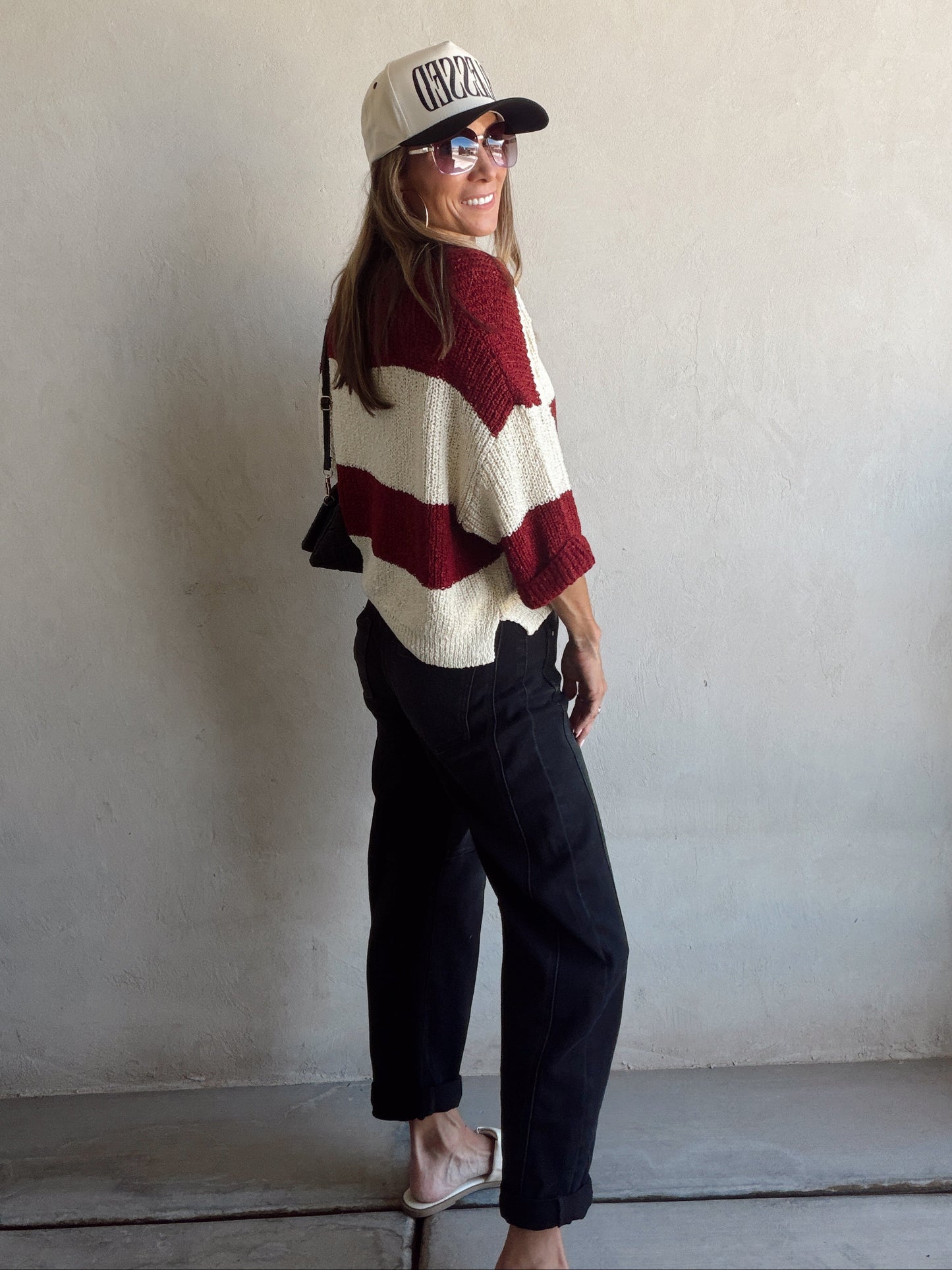 Christy V-Neck Top in Cabernet & Cream