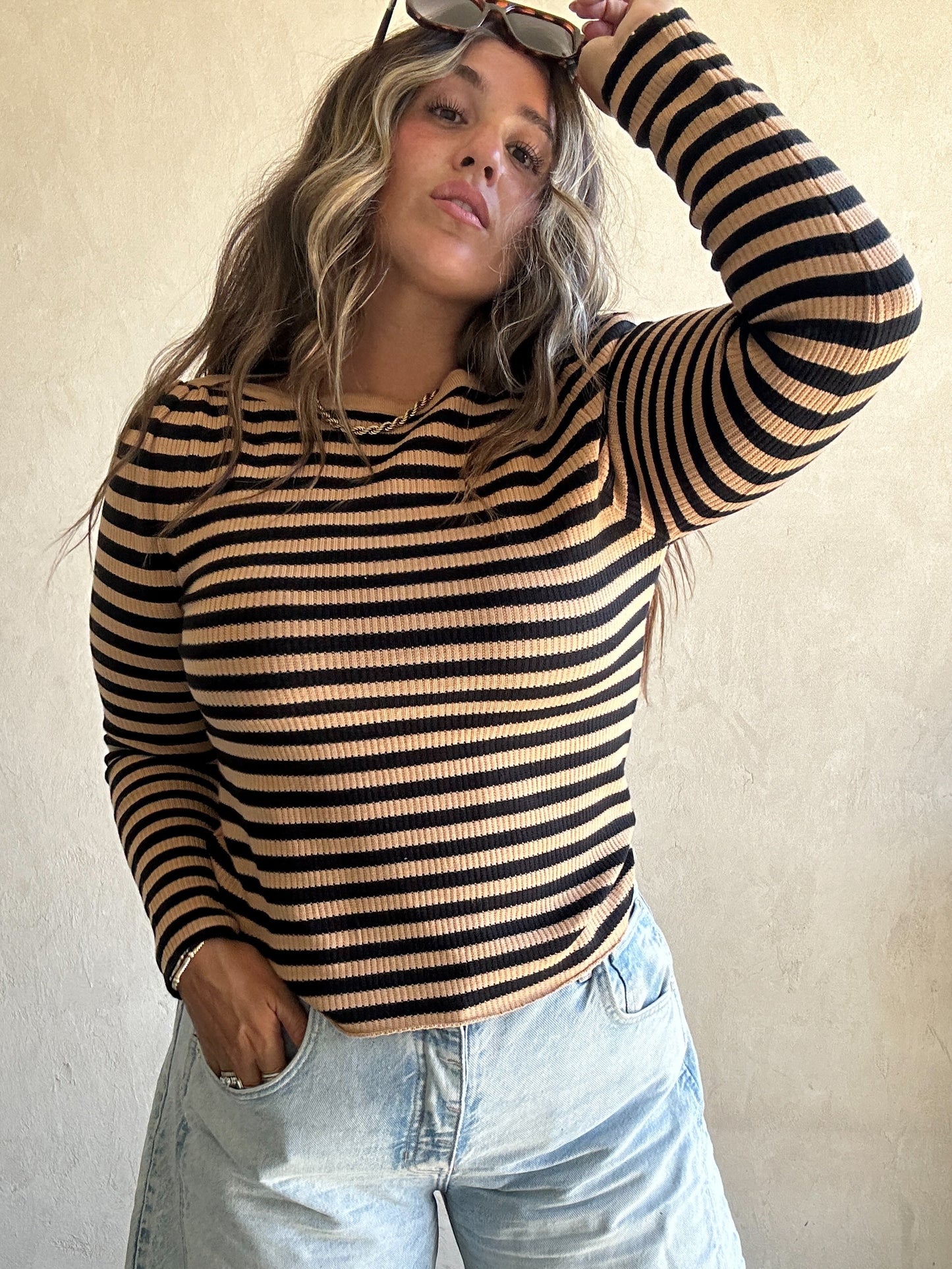 Sheila Striped Boatneck Top in Carmel & Black