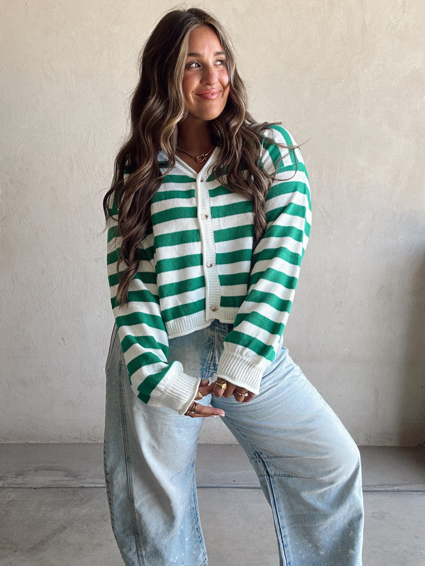 Brendee Striped Cardigan in Green & Ivory