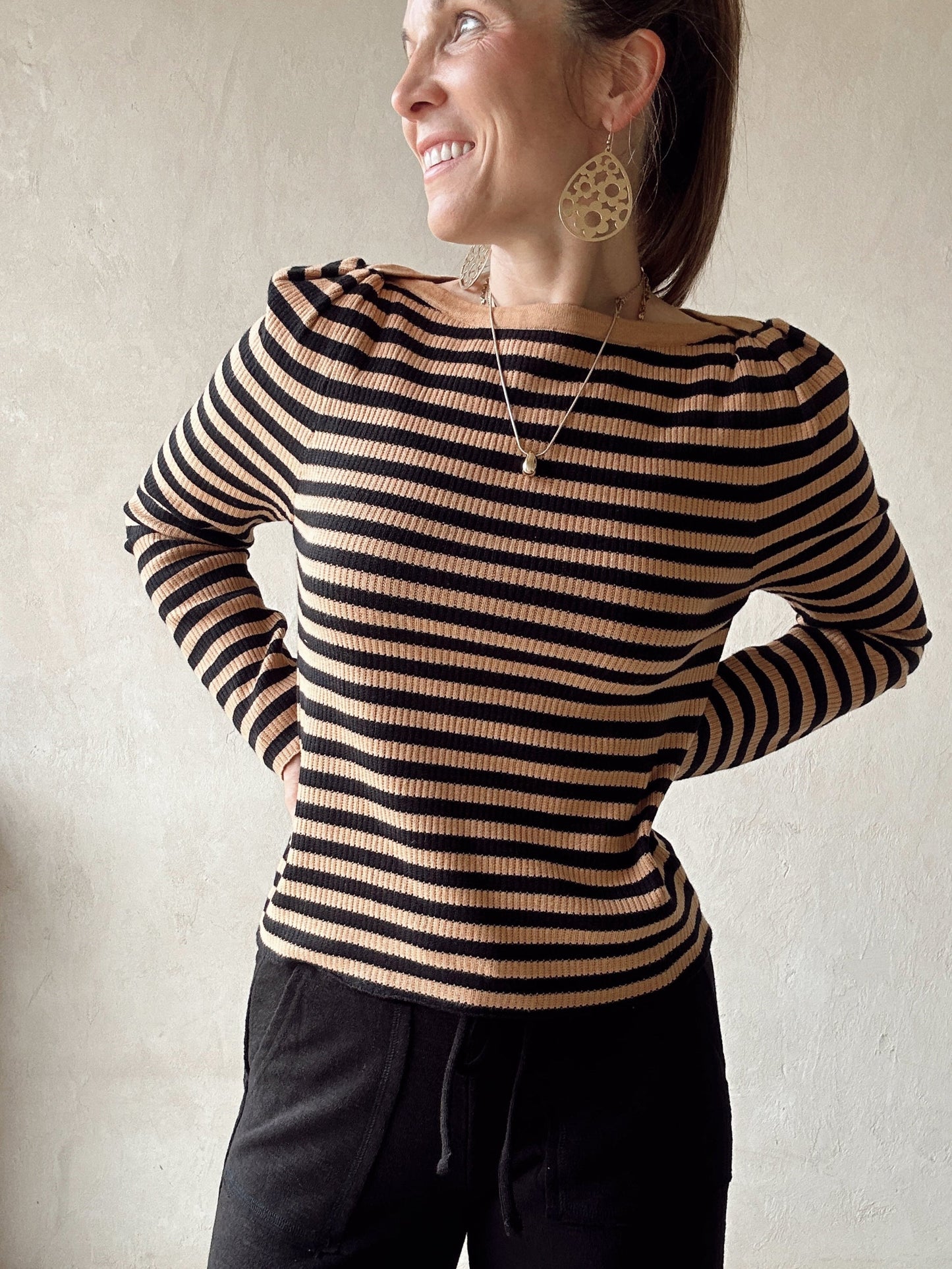 Sheila Striped Boatneck Top in Carmel & Black