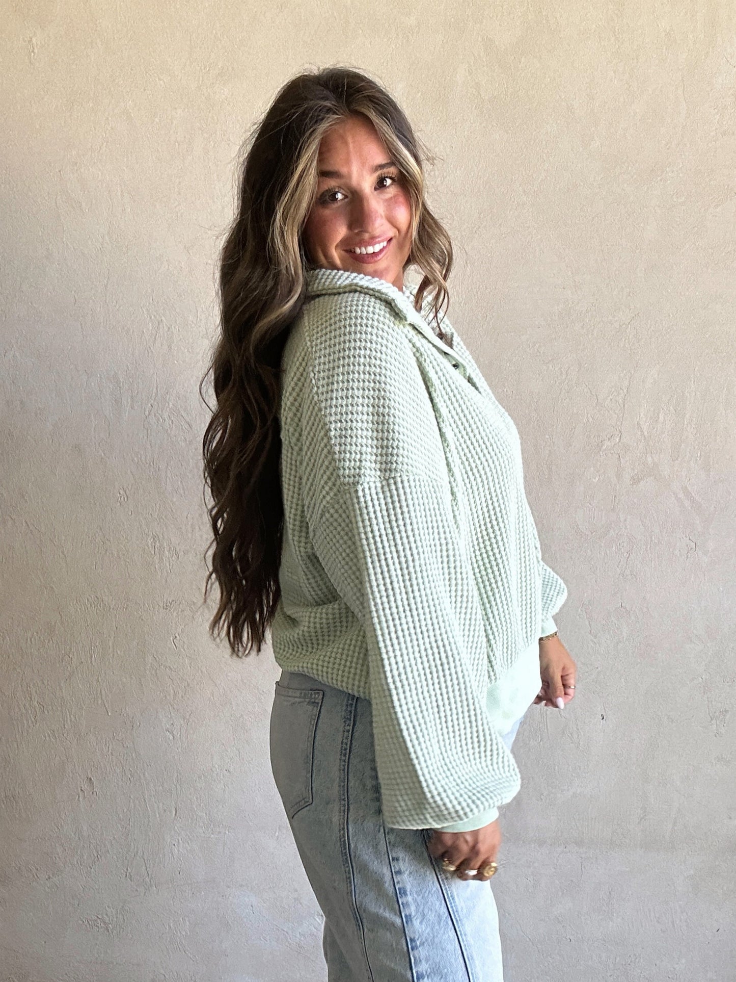 Suzy Button Down Waffle Sweatshirt in Mint