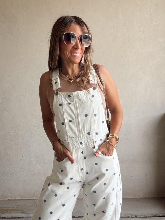Leah Barrel Overalls in Cream with Blue Polka Dots