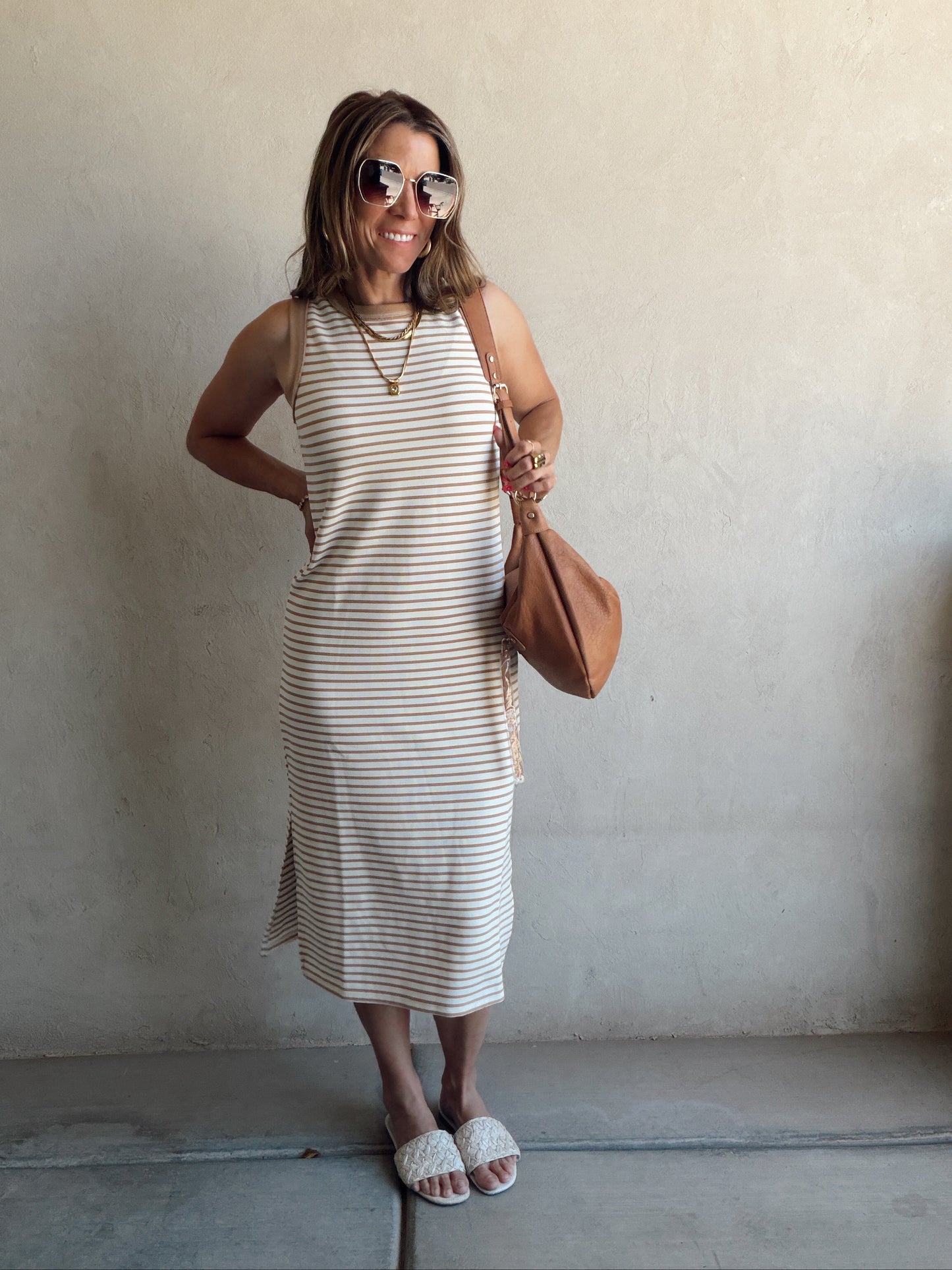Iris Dress in Camel & Cream