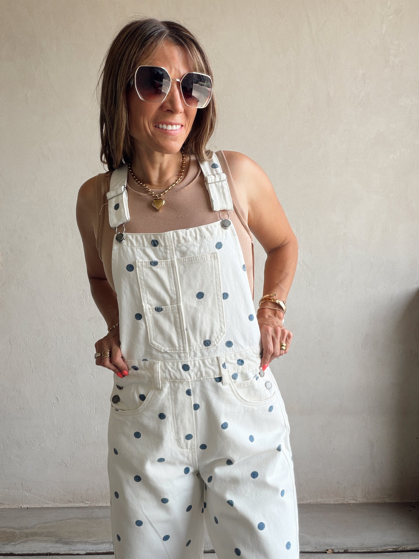 Leah Barrel Overalls in Cream with Blue Polka Dots