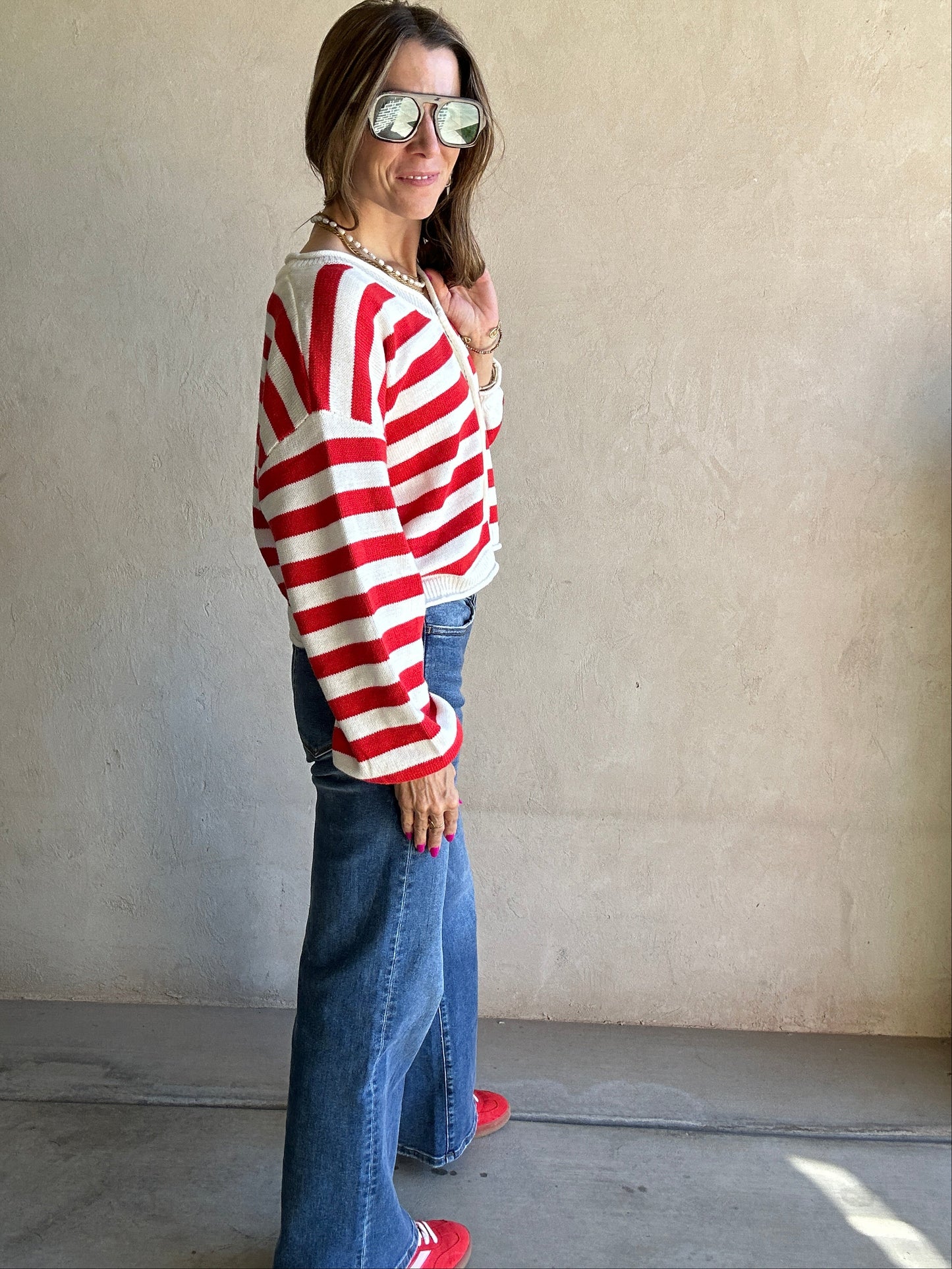 Brendee Striped Cardigan in Red & Ivory