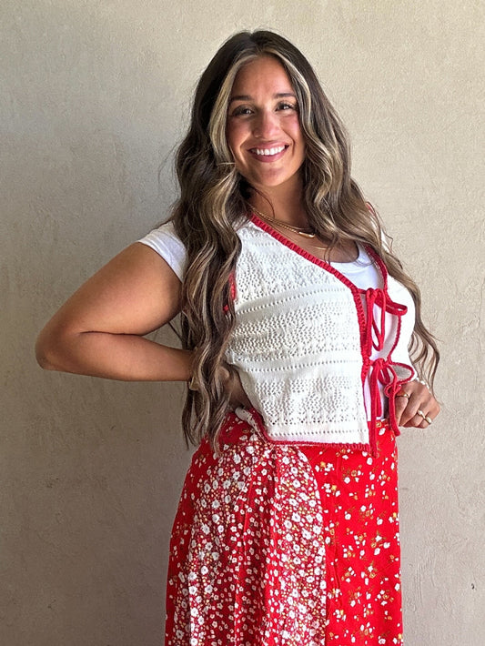 Kiana Crochet Vest in White with Red Trim