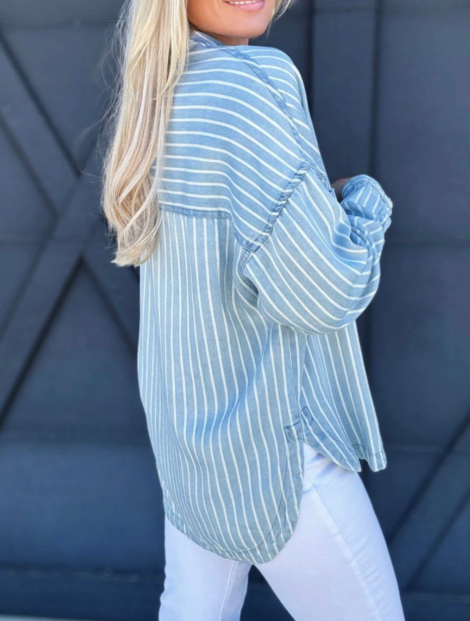 Oversized Striped Shacket in Blue and White