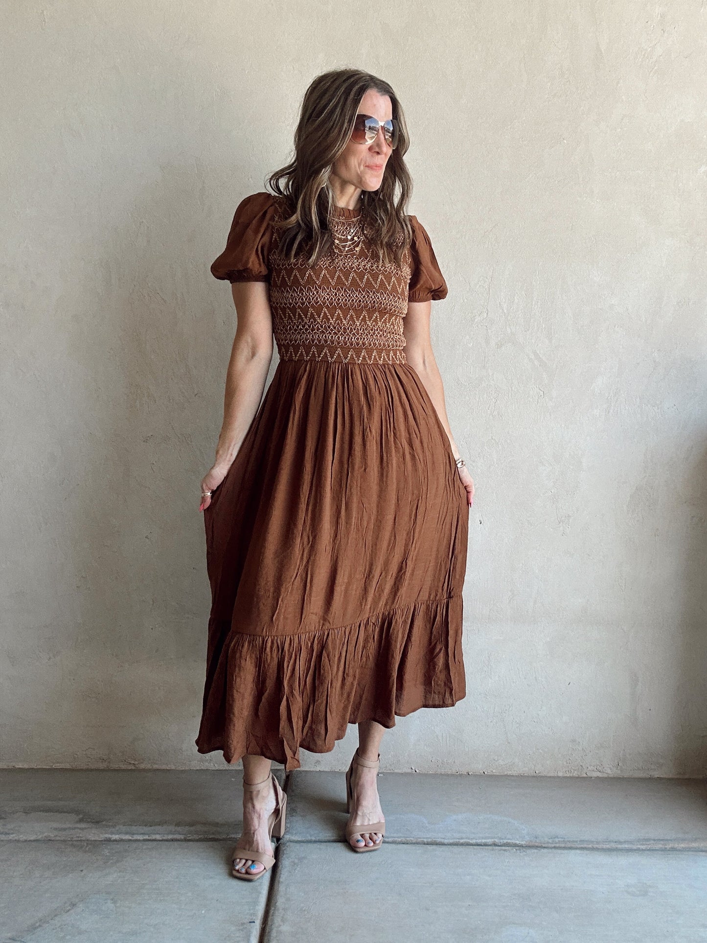 Bridget Embroidered Dress in Brown