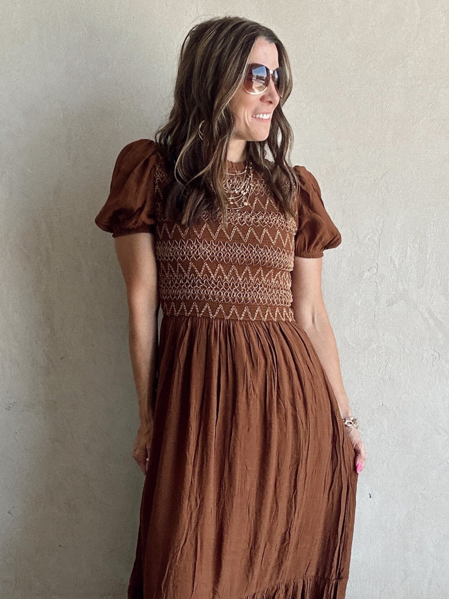 Bridget Embroidered Dress in Brown