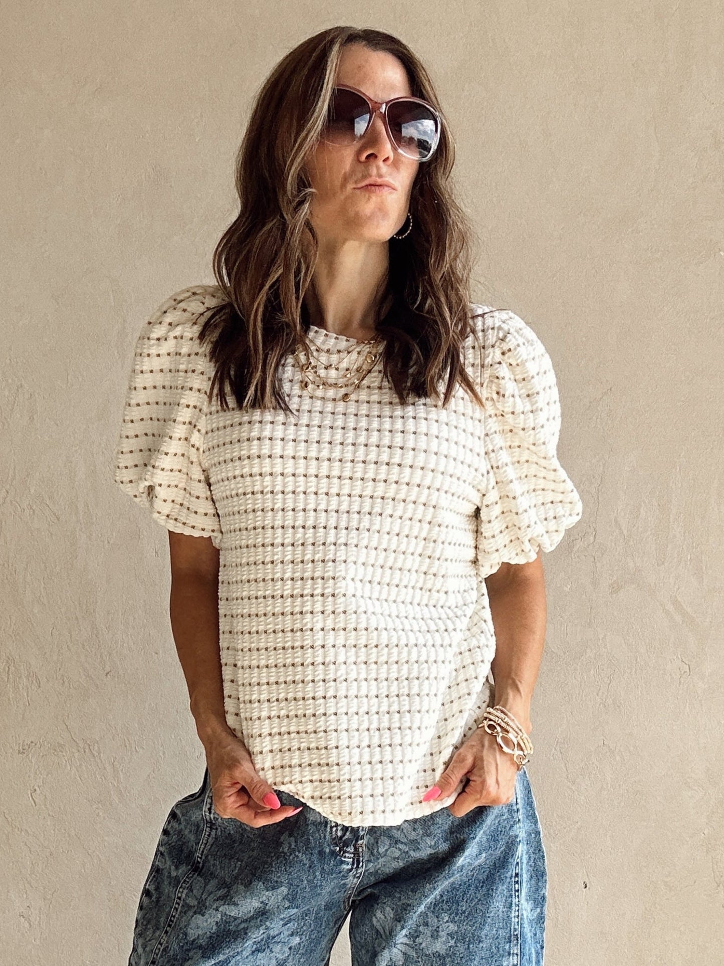 Annie Wear Textured Puff Sleeve Top in Taupe & Ivory