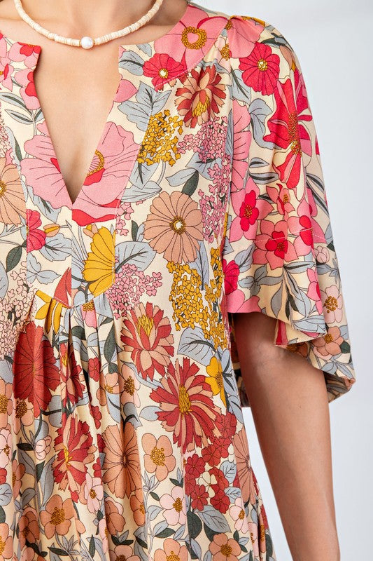 Brandy V-Neck Dress in Floral Pink