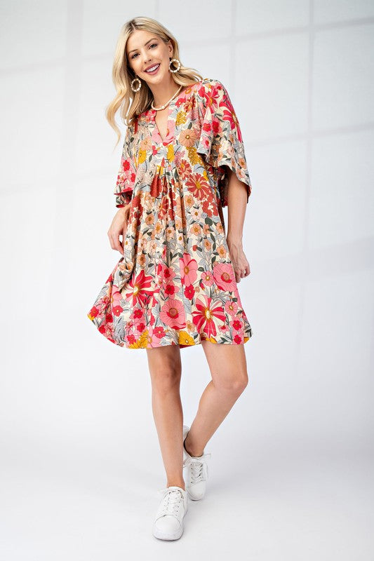 Brandy V-Neck Dress in Floral Pink