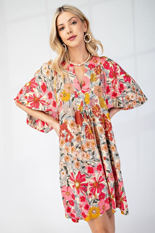 Brandy V-Neck Dress in Floral Pink