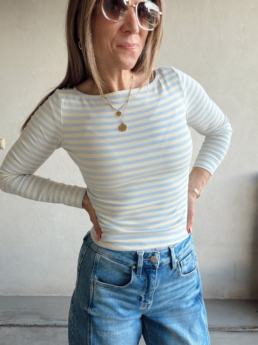 Sheila Striped Boatneck Top in Citron & Blue