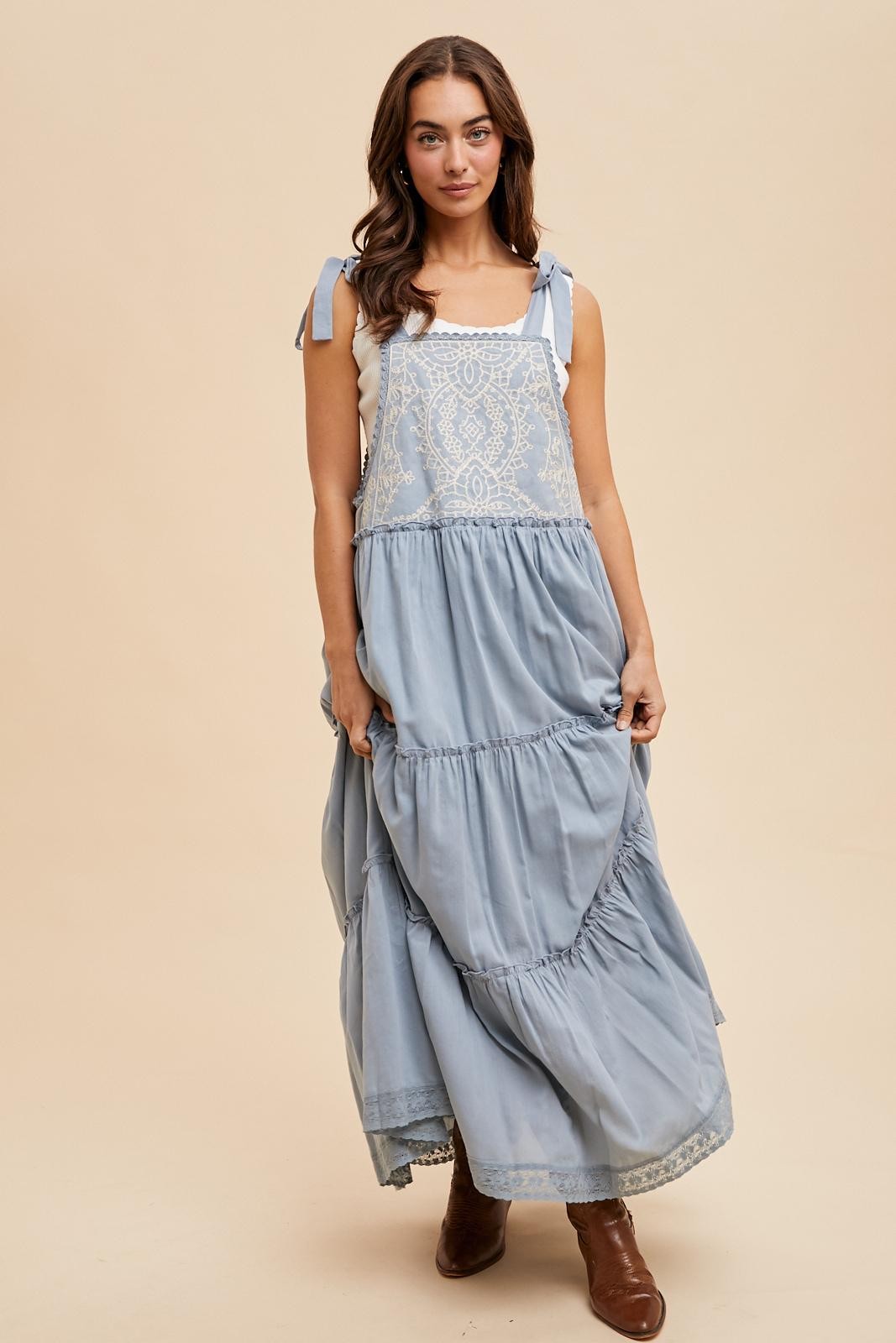 Embroidered Apron Dress in Dusty Blue