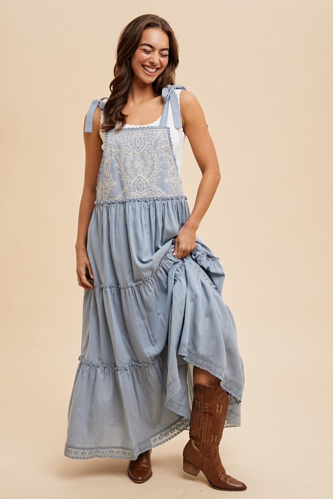 Embroidered Apron Dress in Dusty Blue