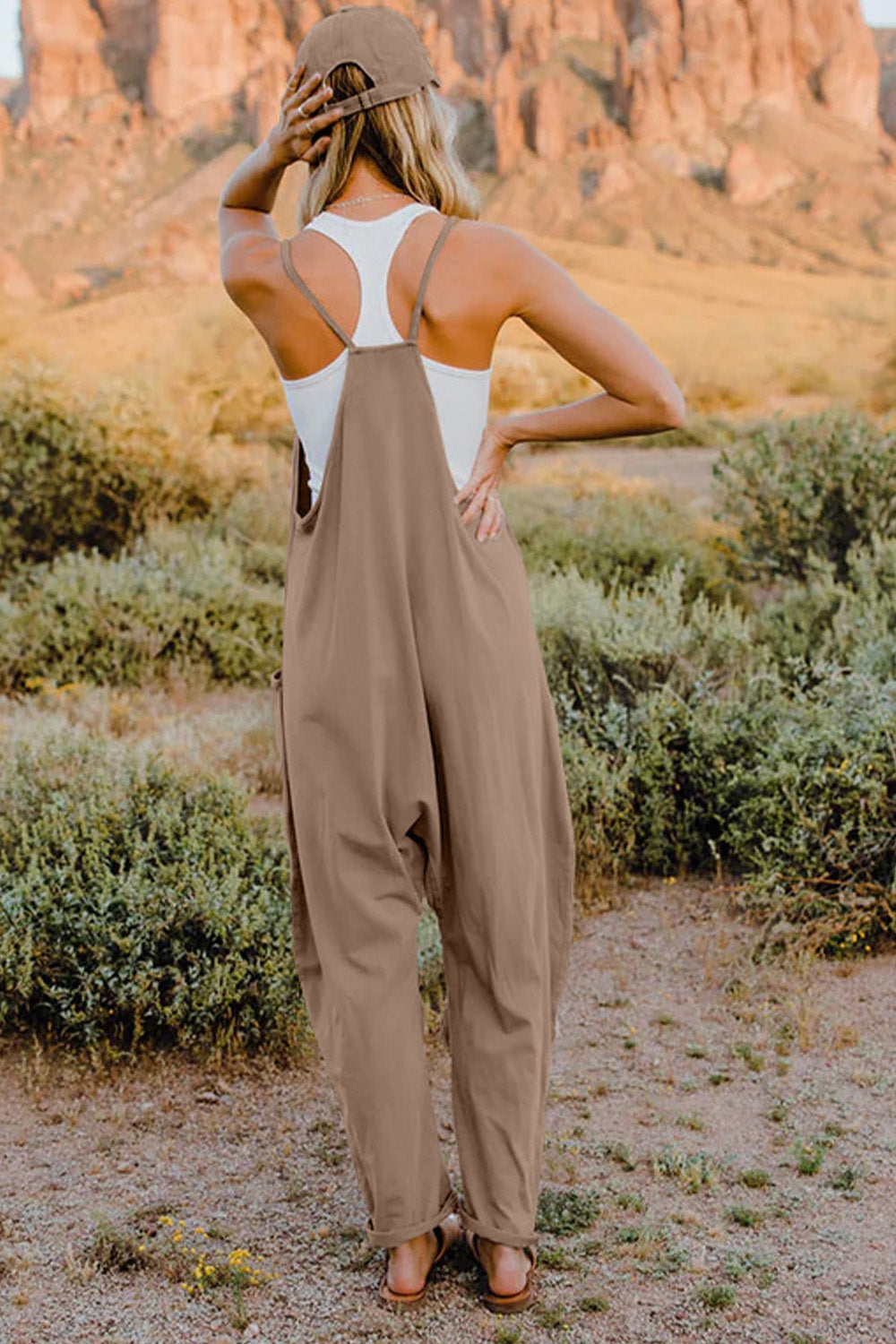 Vanessa V-Neck Sleeveless Jumpsuit with Pockets in Neutrals