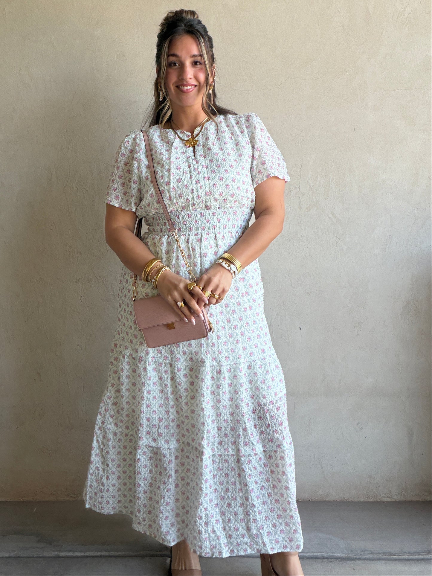Sunday Floral Dress in Green, Pink & Ivory