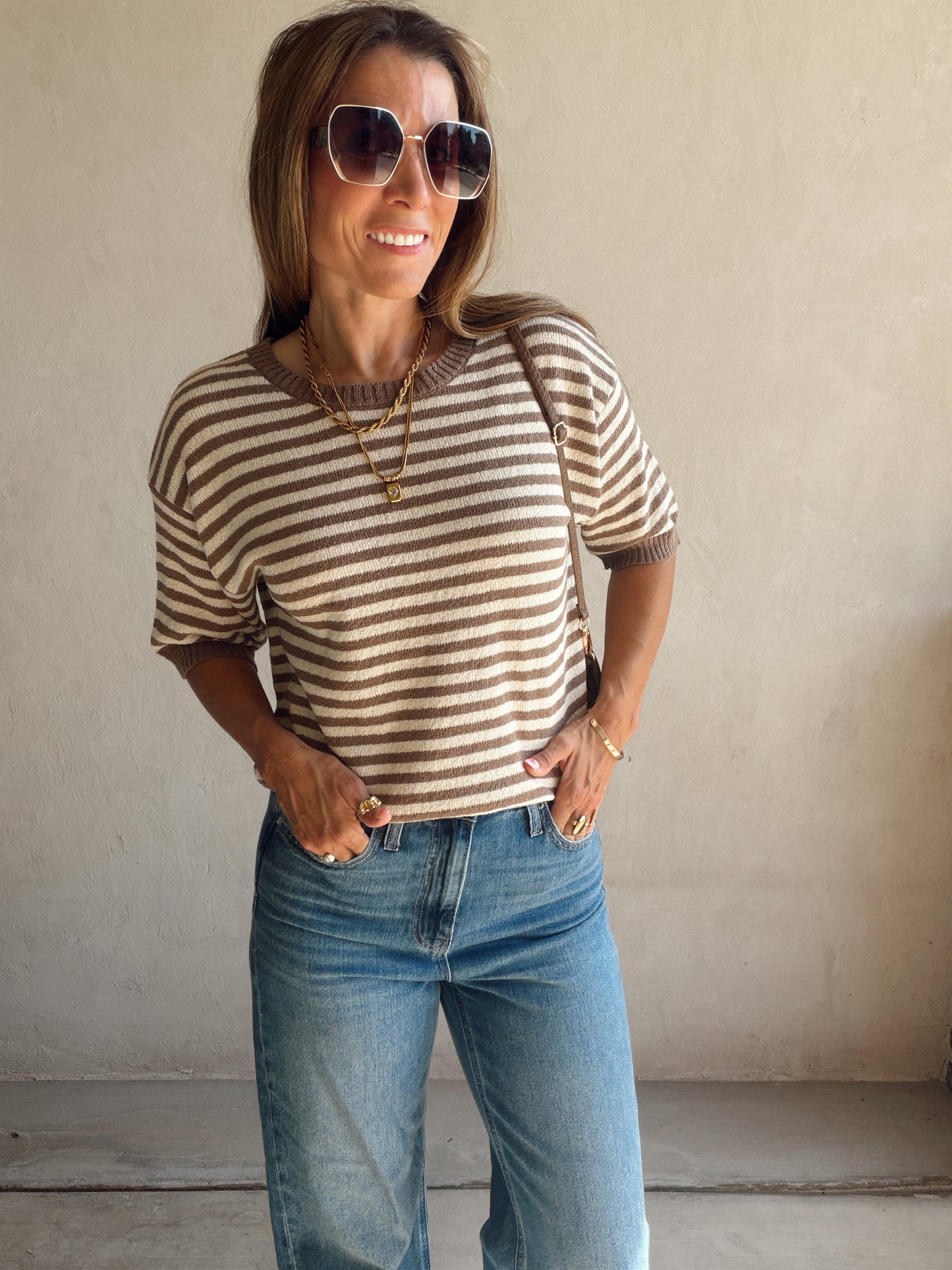 Emerald Striped Top in Mocha & Cream