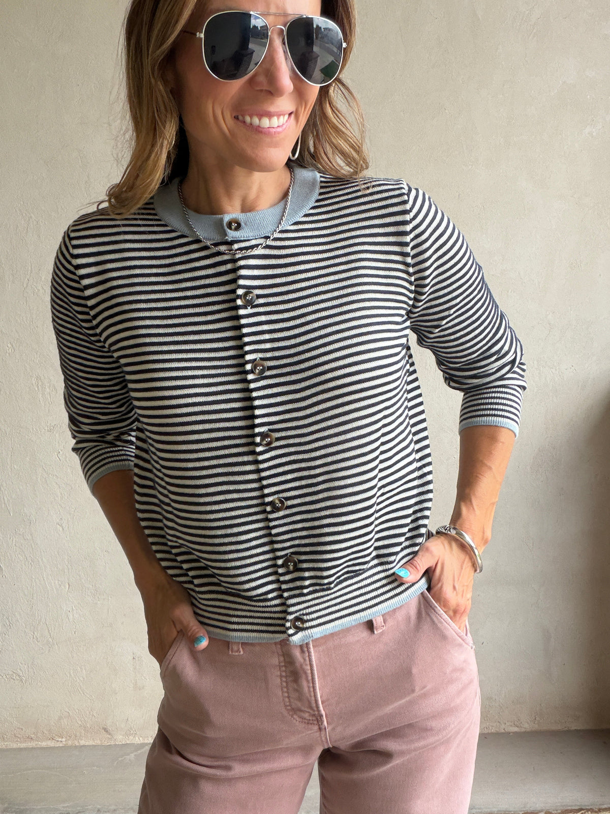 Adrienne Cardigan in in Dark Navy Stripe