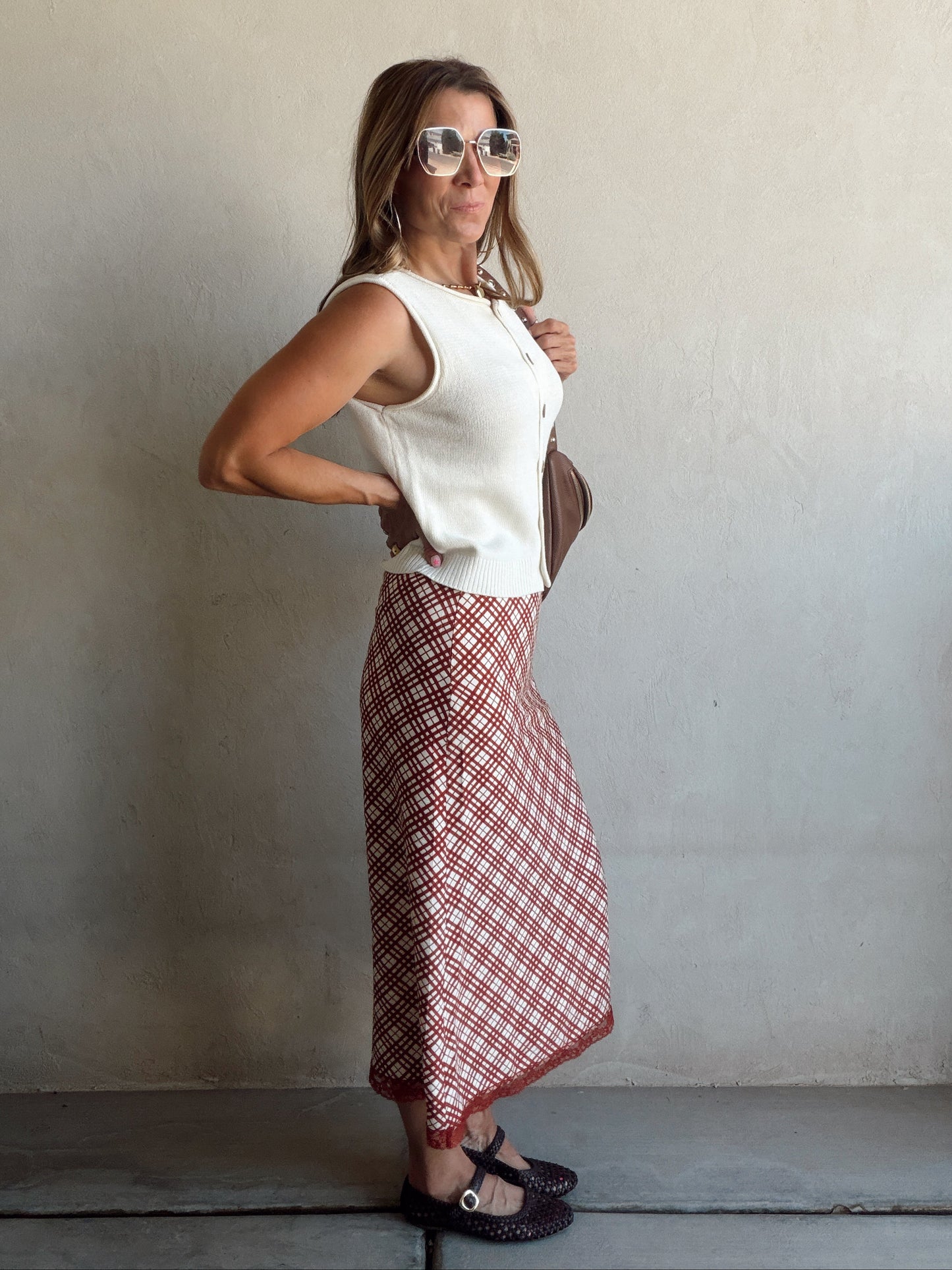 Plaid Skirt in Burgundy & Cream