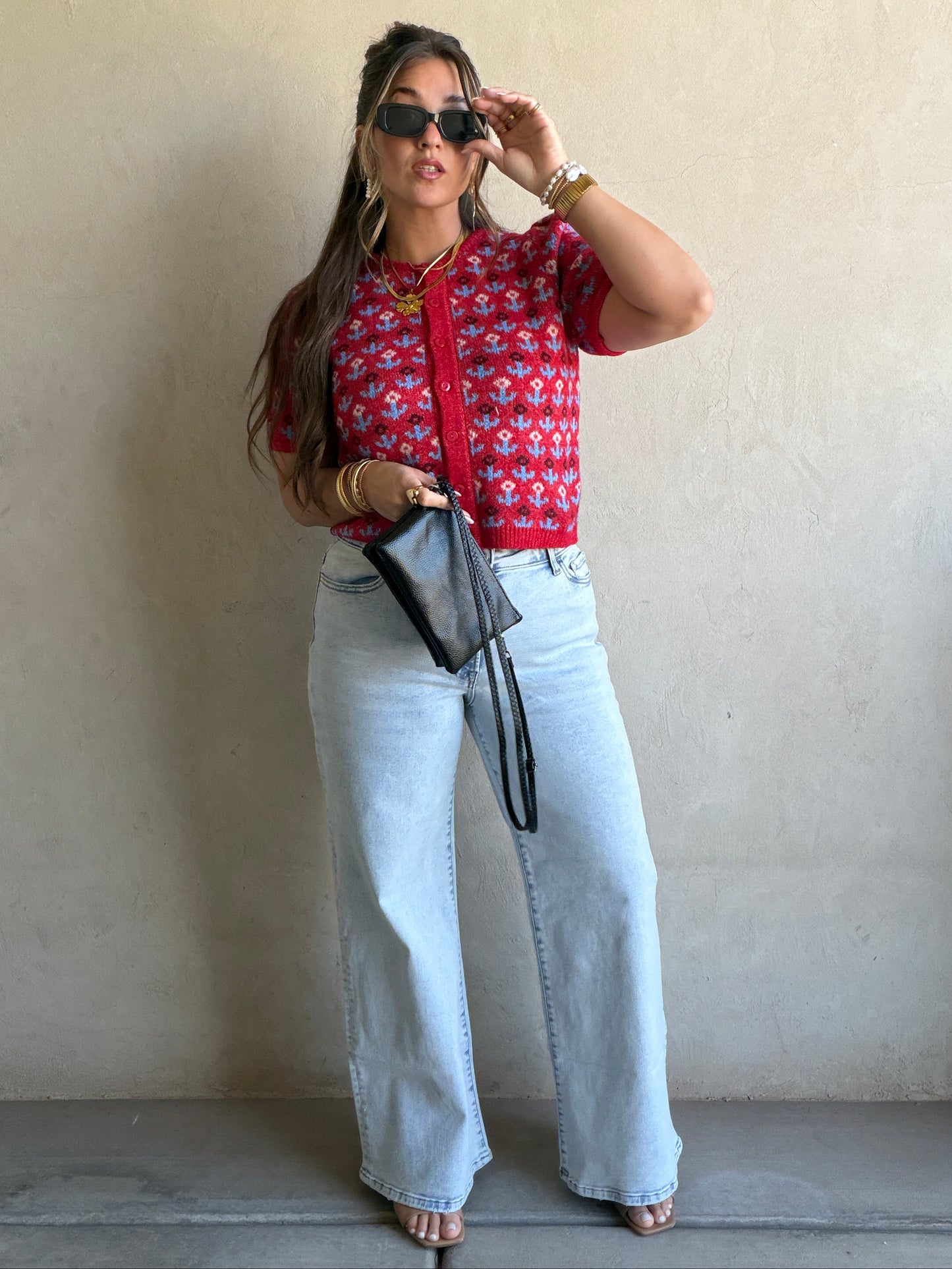 Maddy Button Down Cardigan in Red & Blue