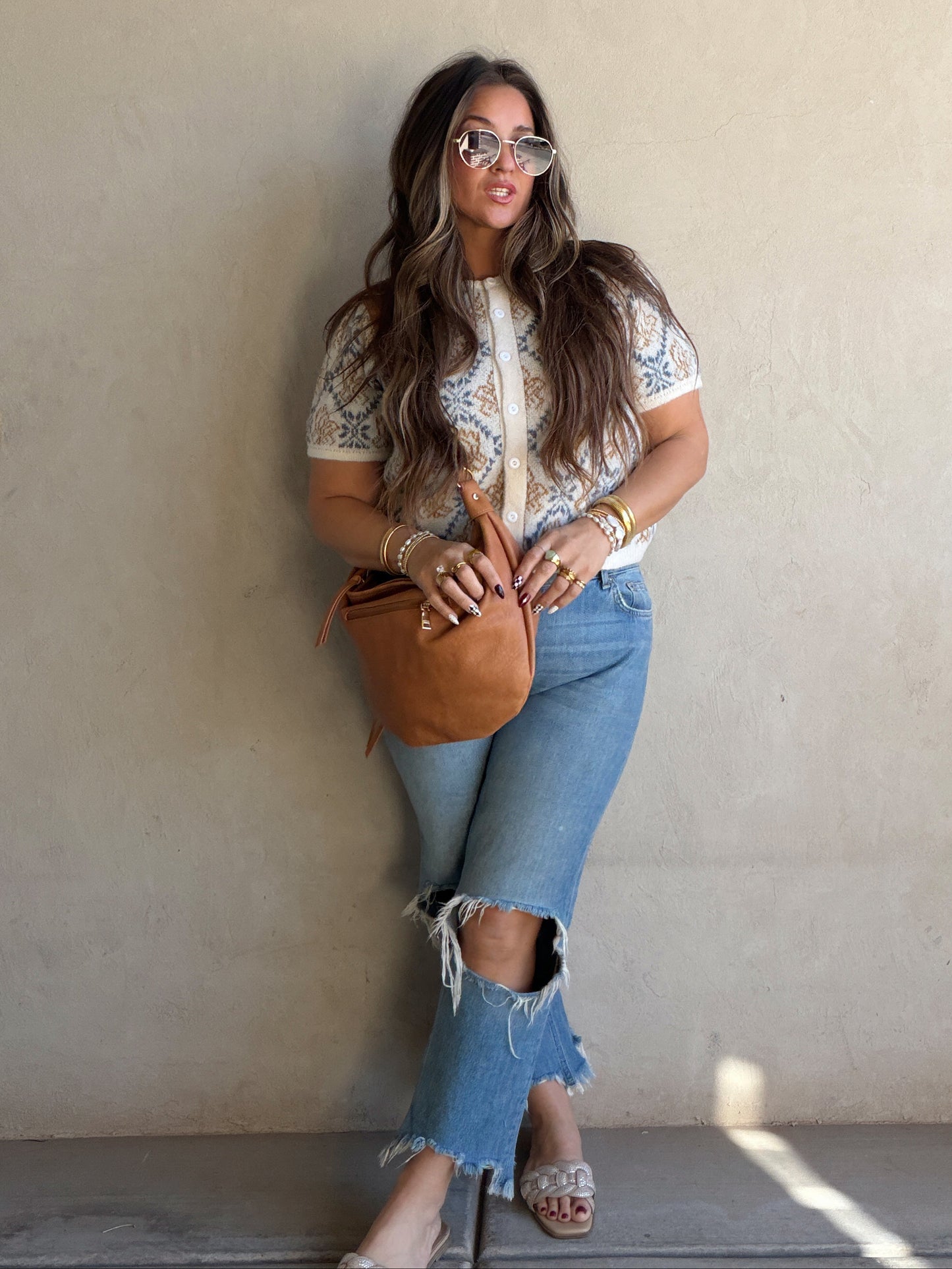 Maddy Button Down Cardigan in Blue & Camel