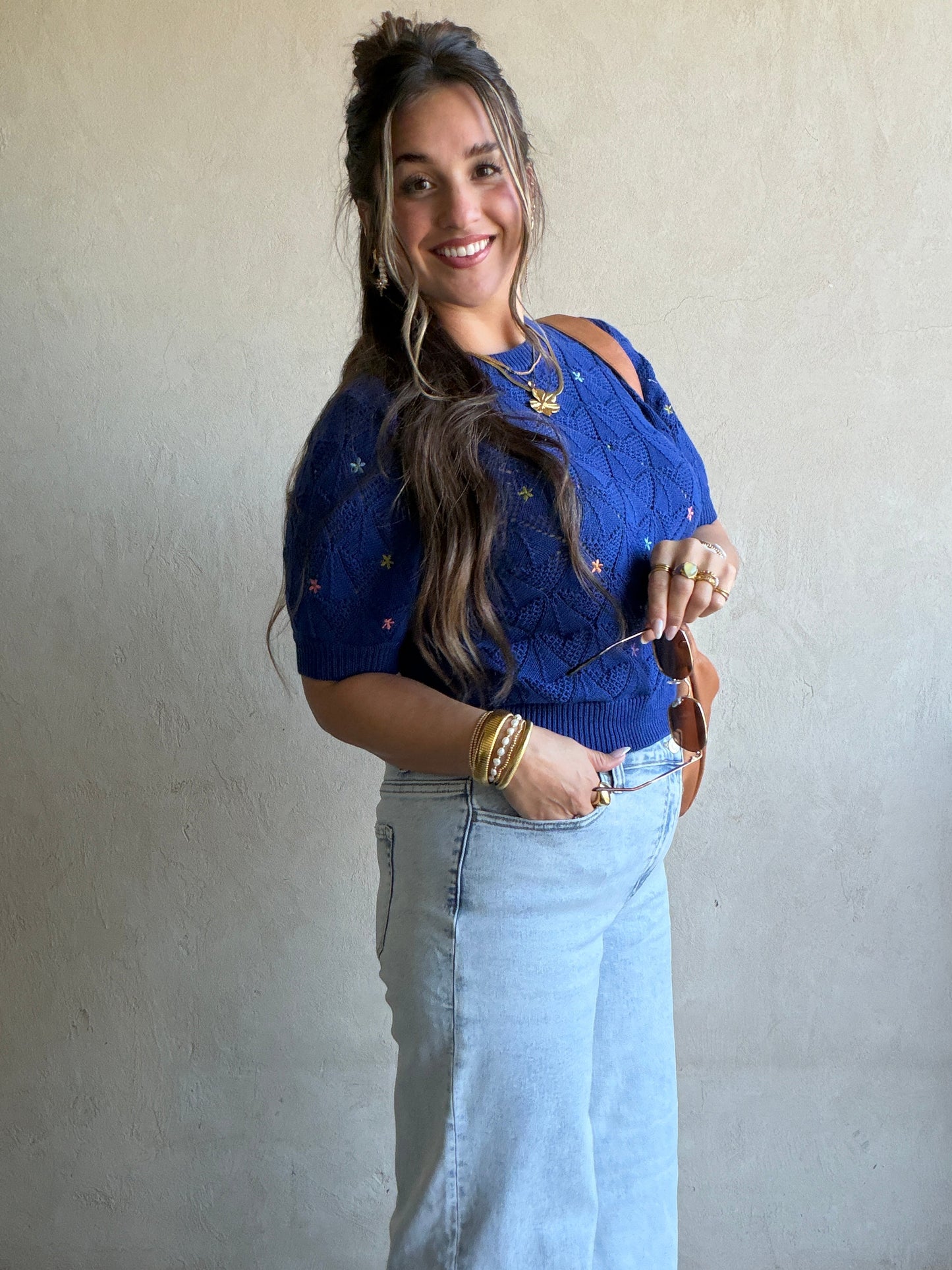 Kenzley Pointelle Sweater in Royal Blue