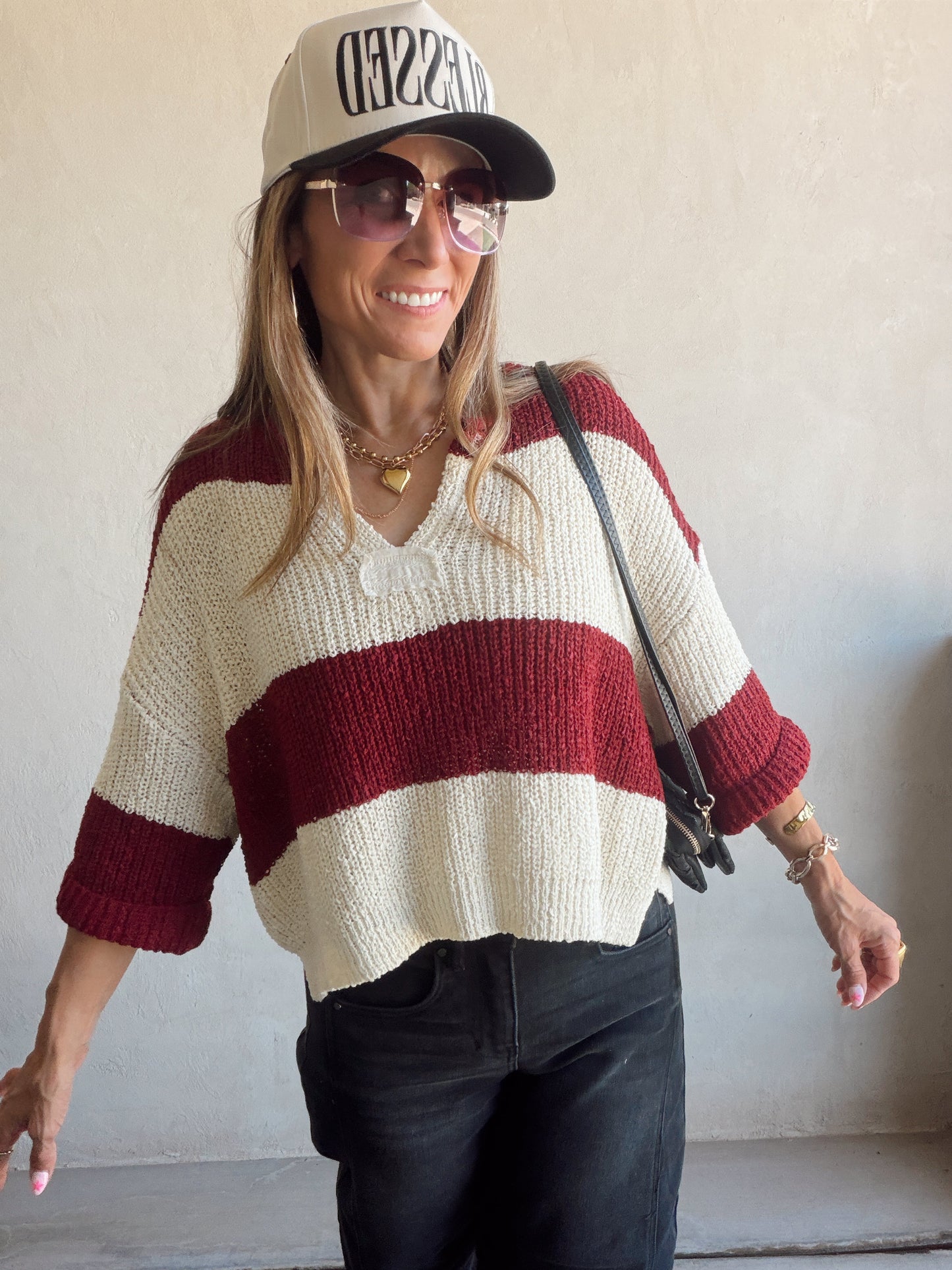 Christy V-Neck Top in Cabernet & Cream