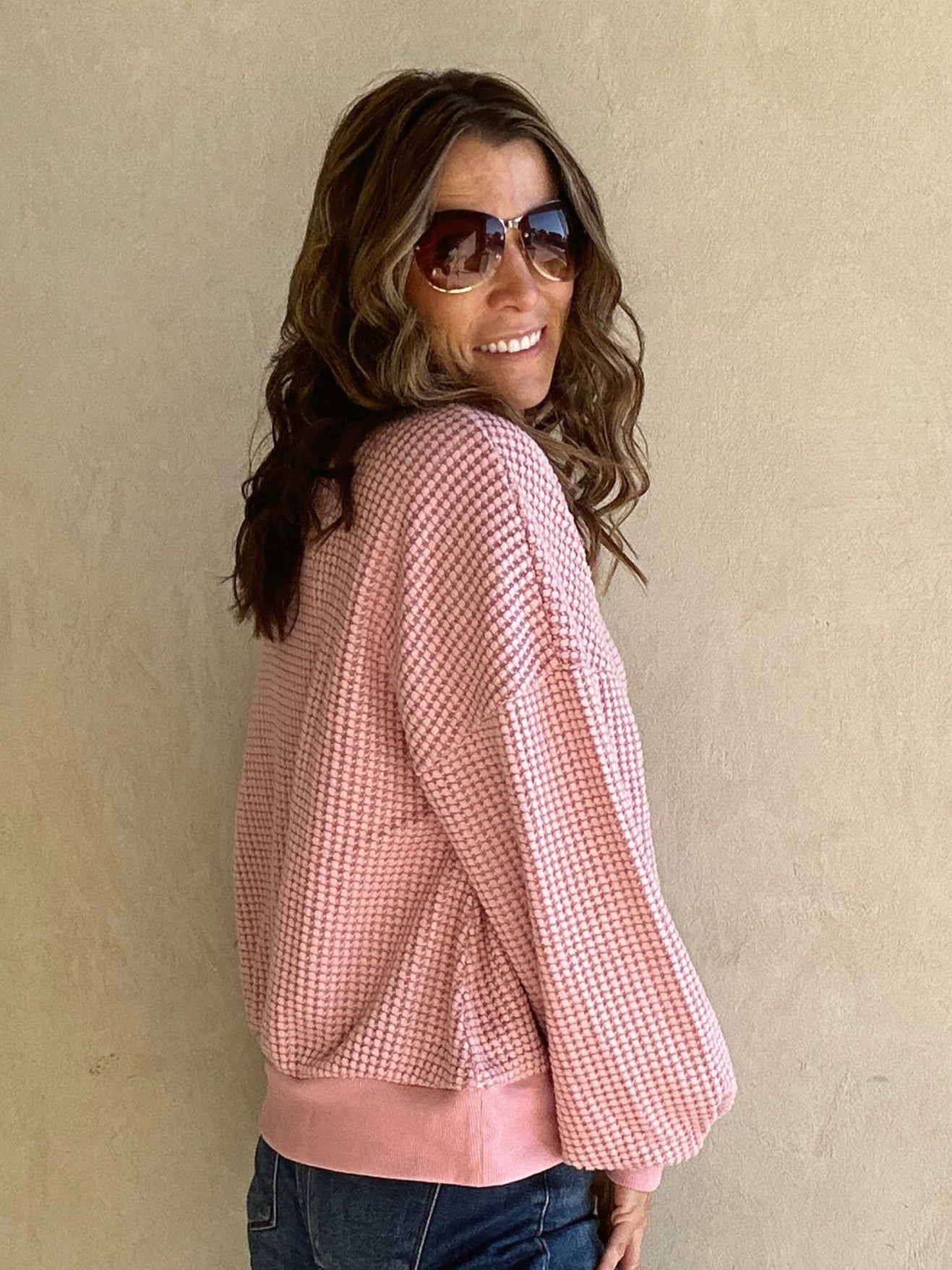 Suzy Button Down Waffle Sweatshirt in Pink