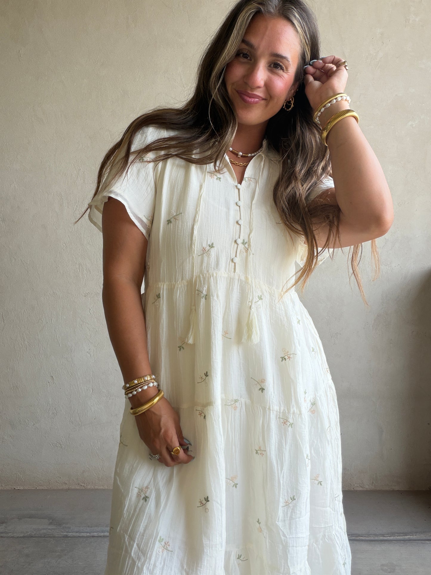 Ava Embroidered Dress in Cream