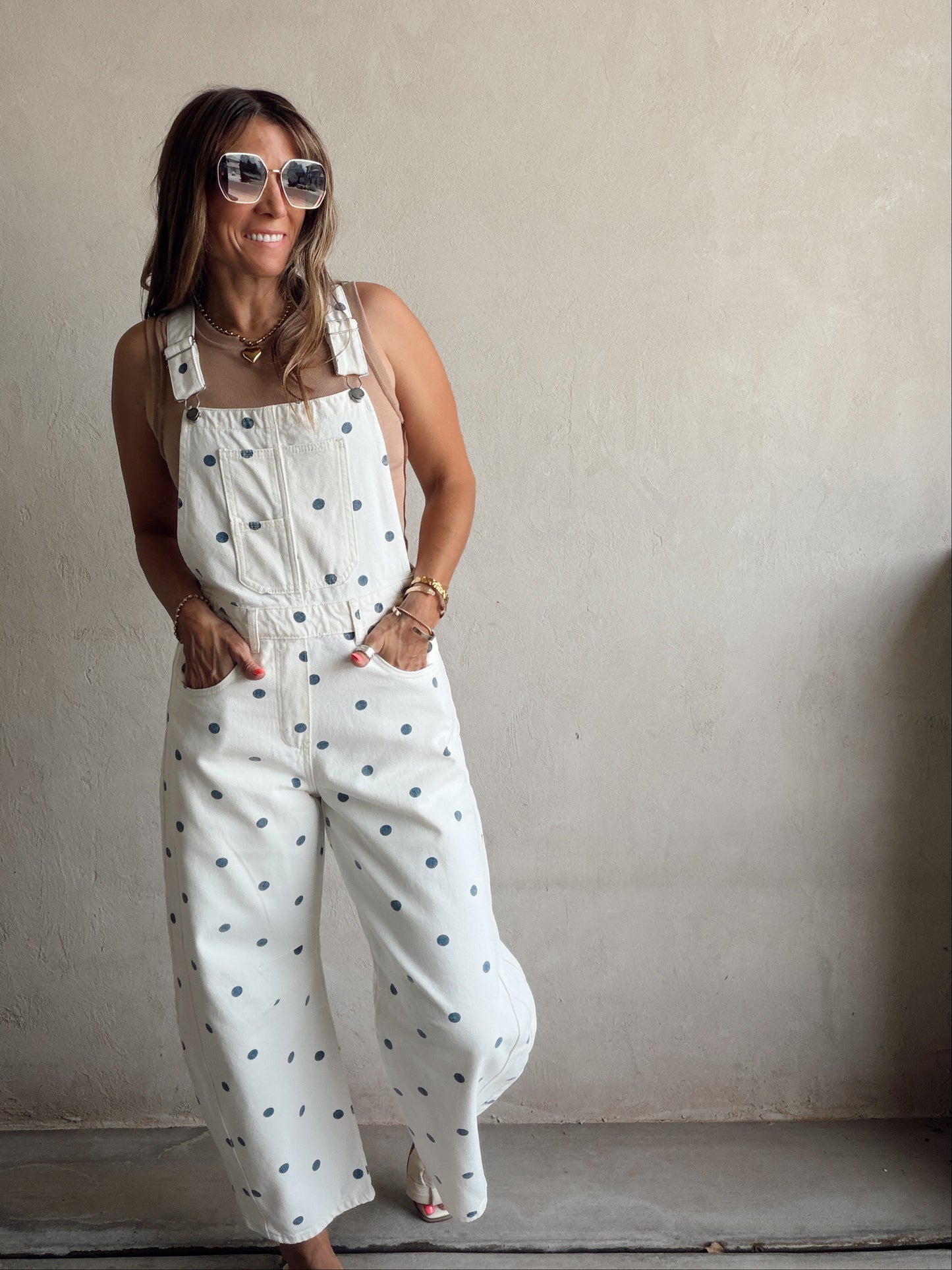 Leah Barrel Overalls in Cream with Blue Polka Dots